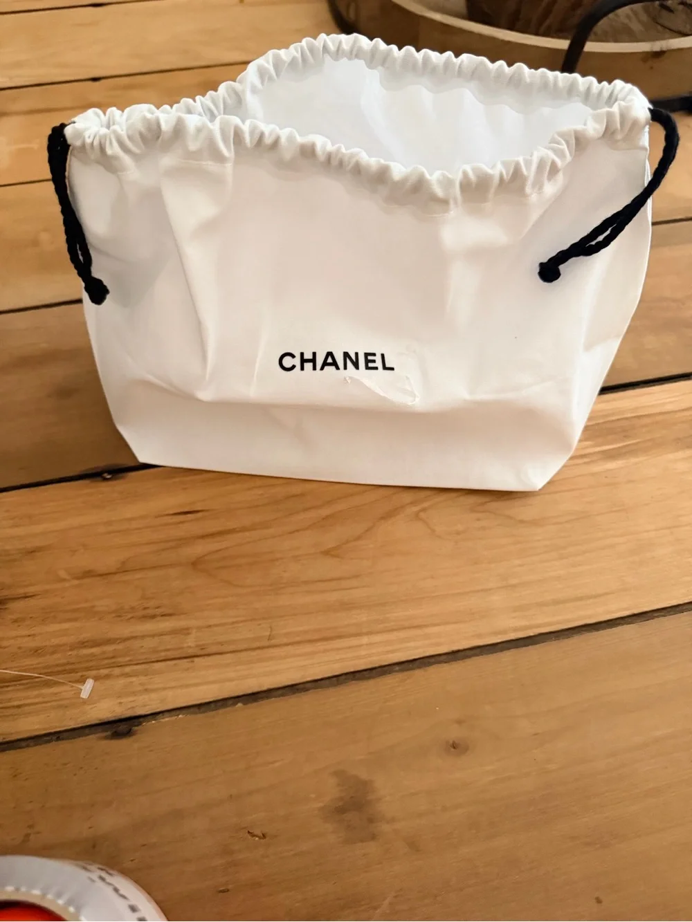 CHANEL White Drawstring Dust Bag with Black Cord and White Envelope